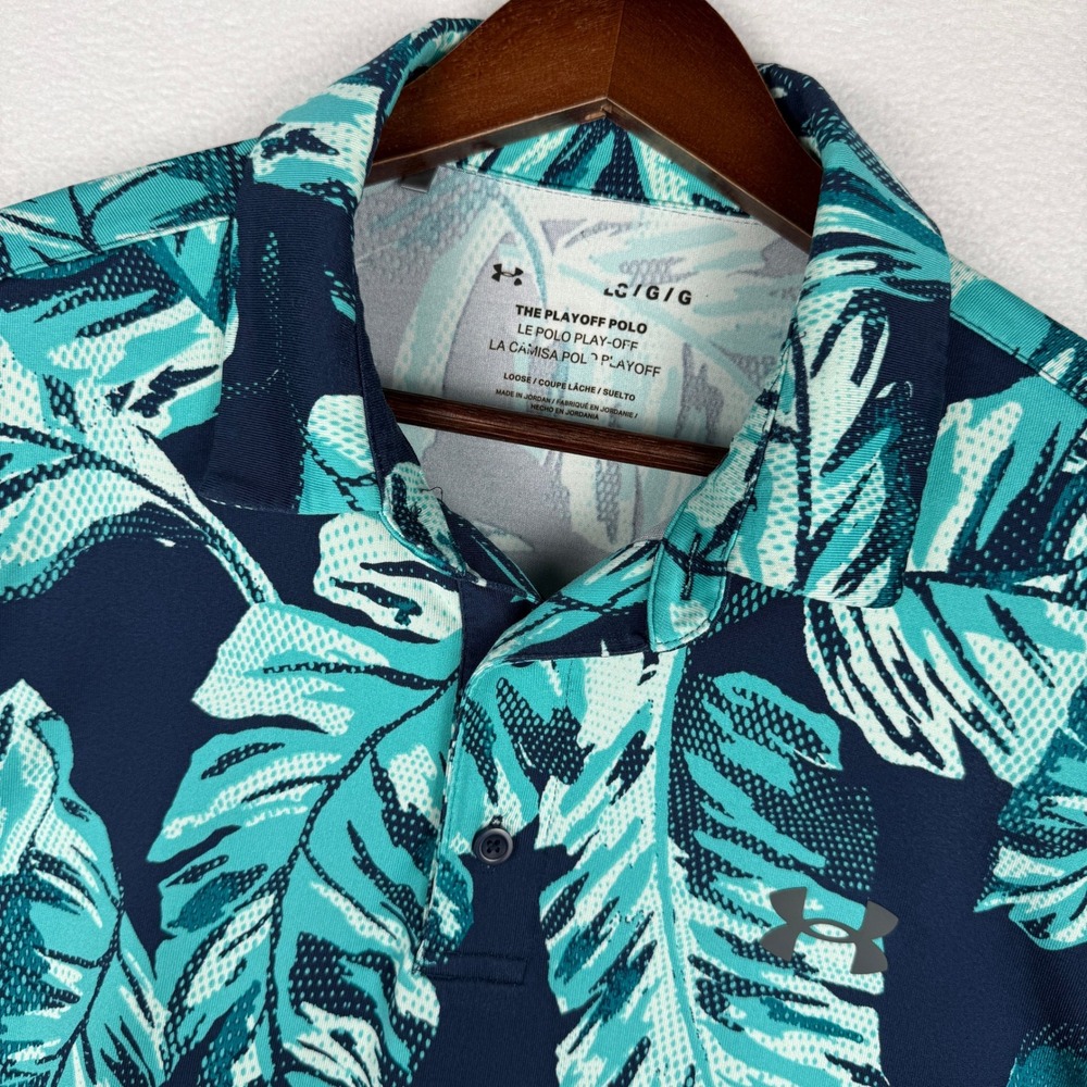 Under Armour The Playoff Polo Mens L Blue Teal Floral Tropical Golf Performance